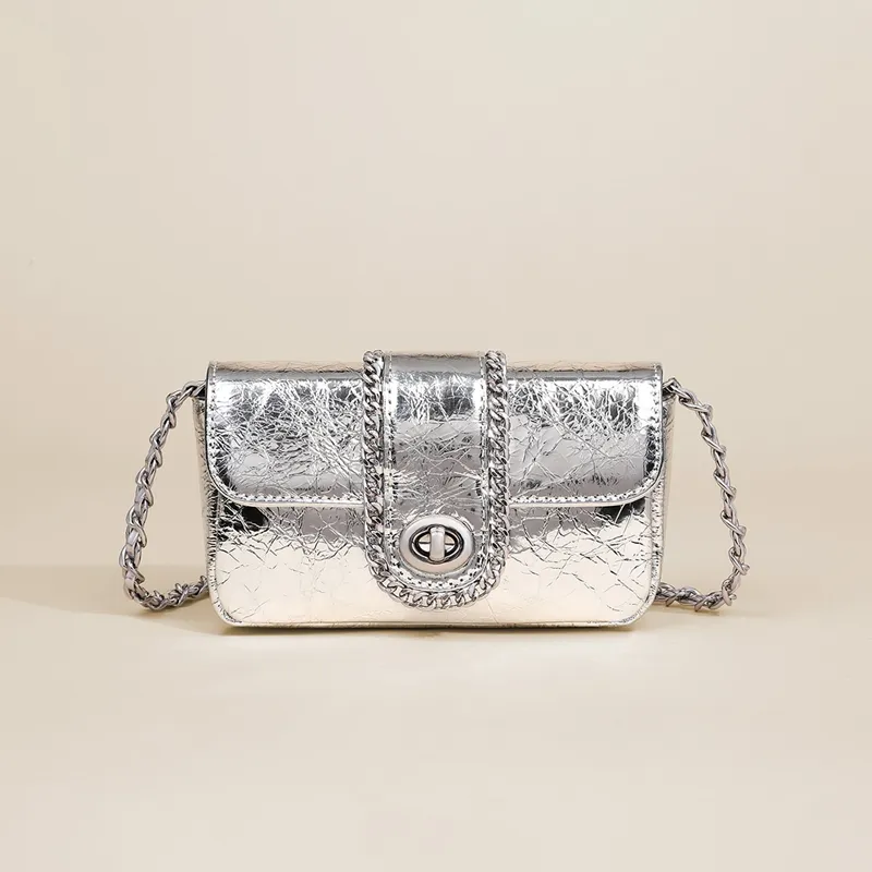 VINEY Cow Leather Shoulder Bag, Crossbody Bag, Small Square Bag Regular Women's Silver-3