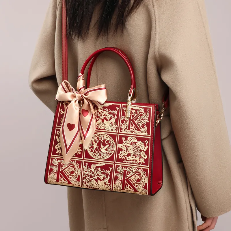 VINEY Synthetic Leather Portable One Shoulder Crossbody Mom Bag Large Size Women's Red-4