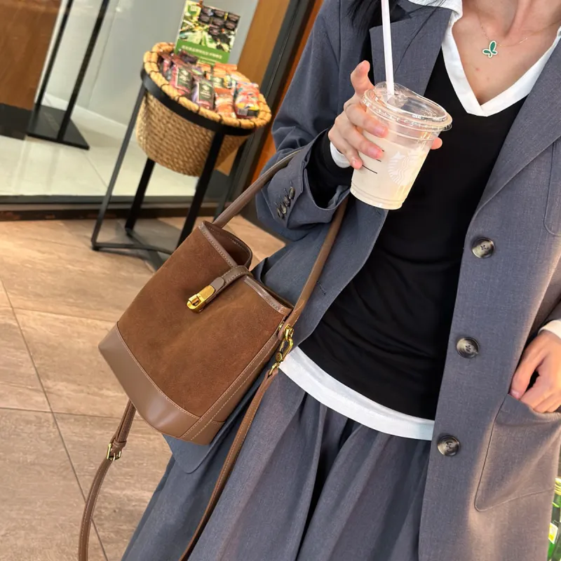 VINEY Cow Leather Patchwork Synthetic Leather Handbag Shoulder Bag Crossbody Bag Bucket Bag Regular Women's Coffee-7