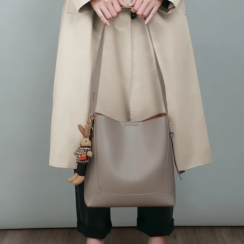 VINEY Cow Leather Patchwork Synthetic Leather Shoulder Bag Crossbody Bag Bucket Bag Large Size Women's Coffee-14
