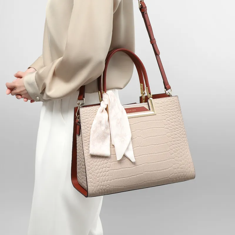 VINEY Cow Leather Patchwork Synthetic Leather Commute Bag One Shoulder Handbag Regular Women's Apricot/Blue-2