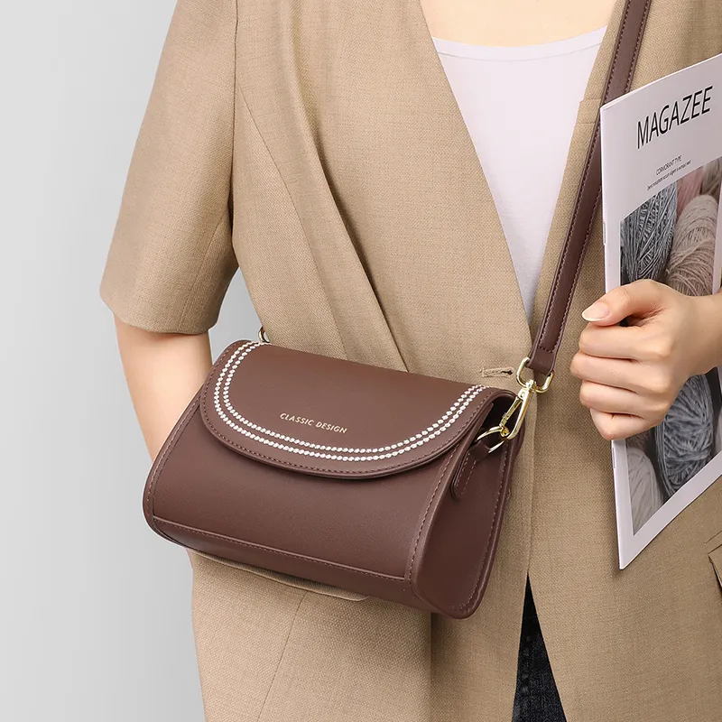 VINEY Cow Leather Patchwork Synthetic Leather Small Square Bag Shoulder Bag Small Size Women's Coffee-2