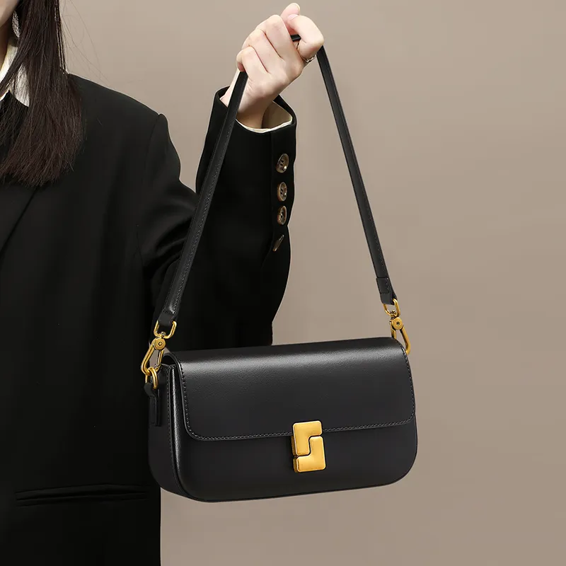 VINEY Cow Leather Crossbody Bag, Shoulder Bag, Baguette Bag Regular Women's Black/Milkshake White-4