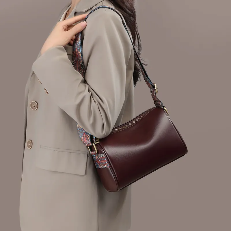 VINEY Cow Leather Patchwork Synthetic Leather Shoulder Bag Crossbody Bag Women's Wine Coffee-3