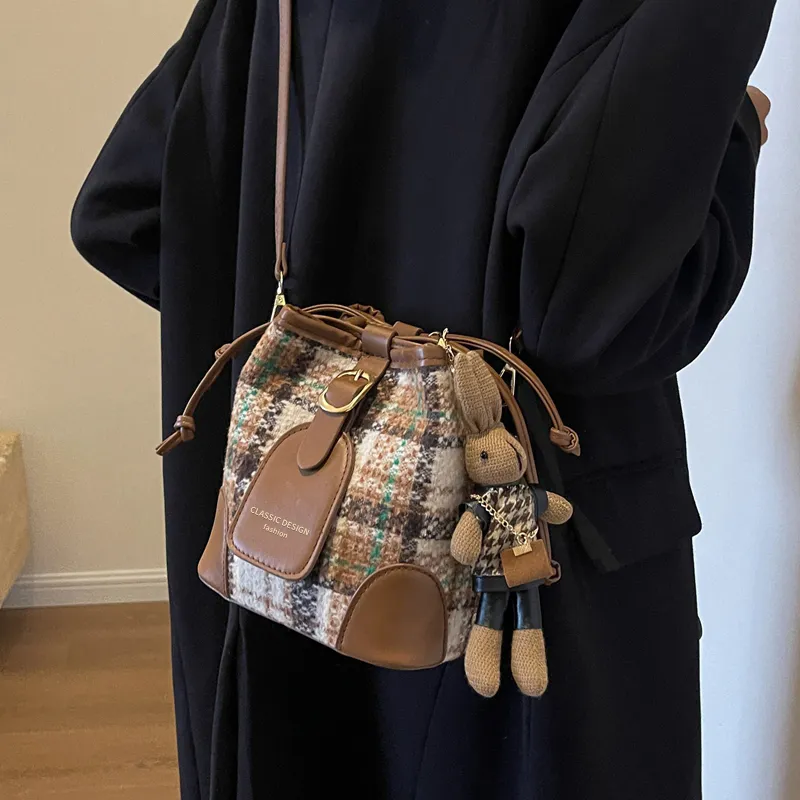 VINEY Fabric Shoulder Bag Crossbody Bag Bucket Bag Small Size Women's Coffee-3