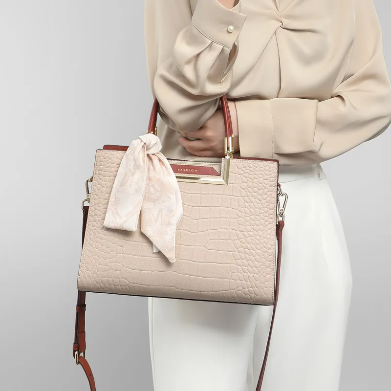 VINEY Cow Leather Patchwork Synthetic Leather Commute Bag One Shoulder Handbag Regular Women's Apricot/Blue-3