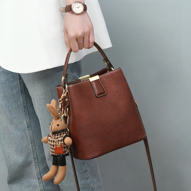 VINEY Cow Leather Handbag, Crossbody Bag, Shoulder Bag, Bucket Bag Medium Size Women's Coffee-2
