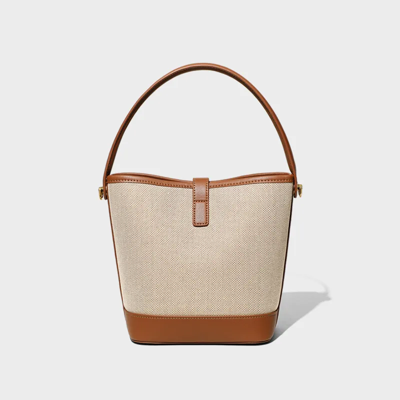 VINEY Fabric Bucket Bag Handbag Medium Size Women's Ecru & Brown-4