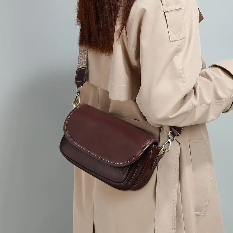 VINEY Cow Leather Bonded Synthetic Leather Small Square Bag Shoulder Bag Small Size Women's Dark Brown-13