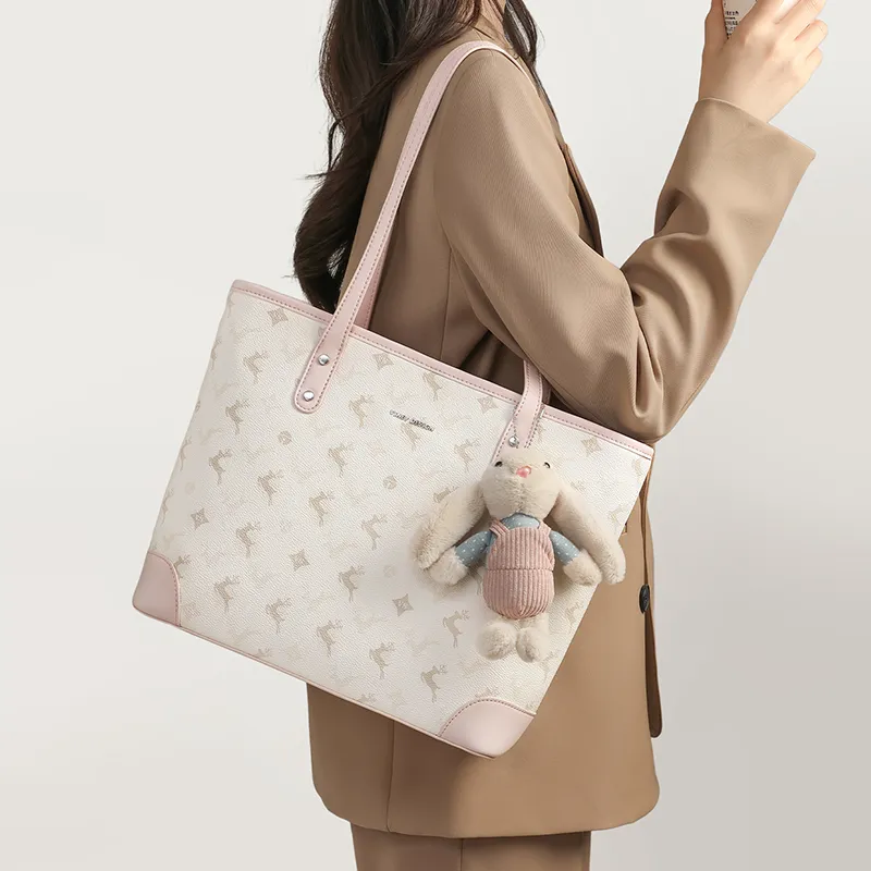 VINEY Synthetic Leather Shoulder Bag Tote Regular Women's Ecru & Pink-4