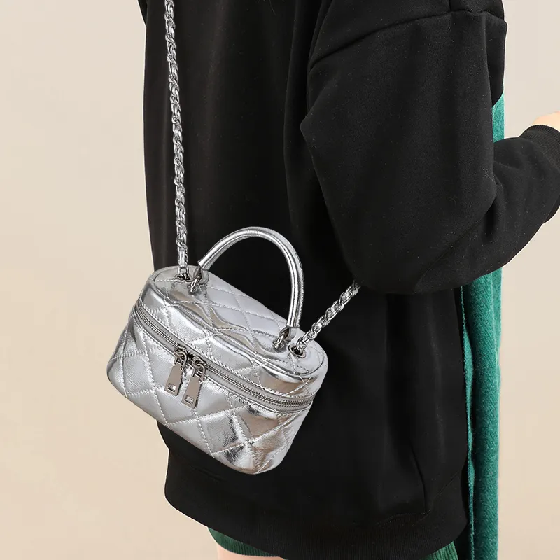 VINEY Cow Leather Shoulder Bag, Crossbody Bag, Box Bag Mini Women's Silver-6