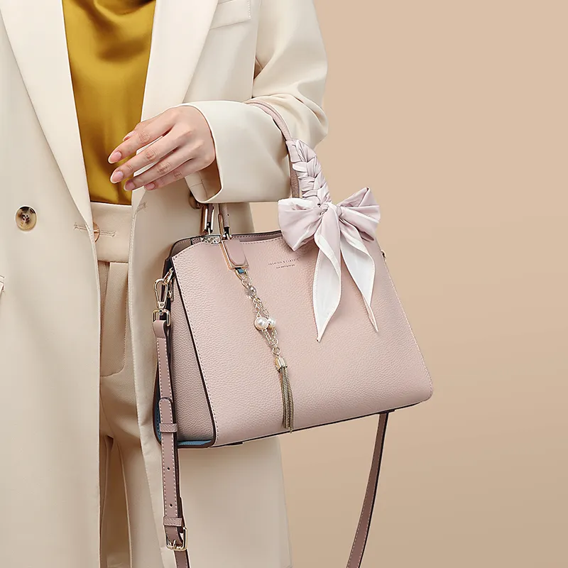 VINEY Cow Leather Handbag Crossbody Bag Shoulder Bag Mom Bag Large Size Women's Beige Apricot-3