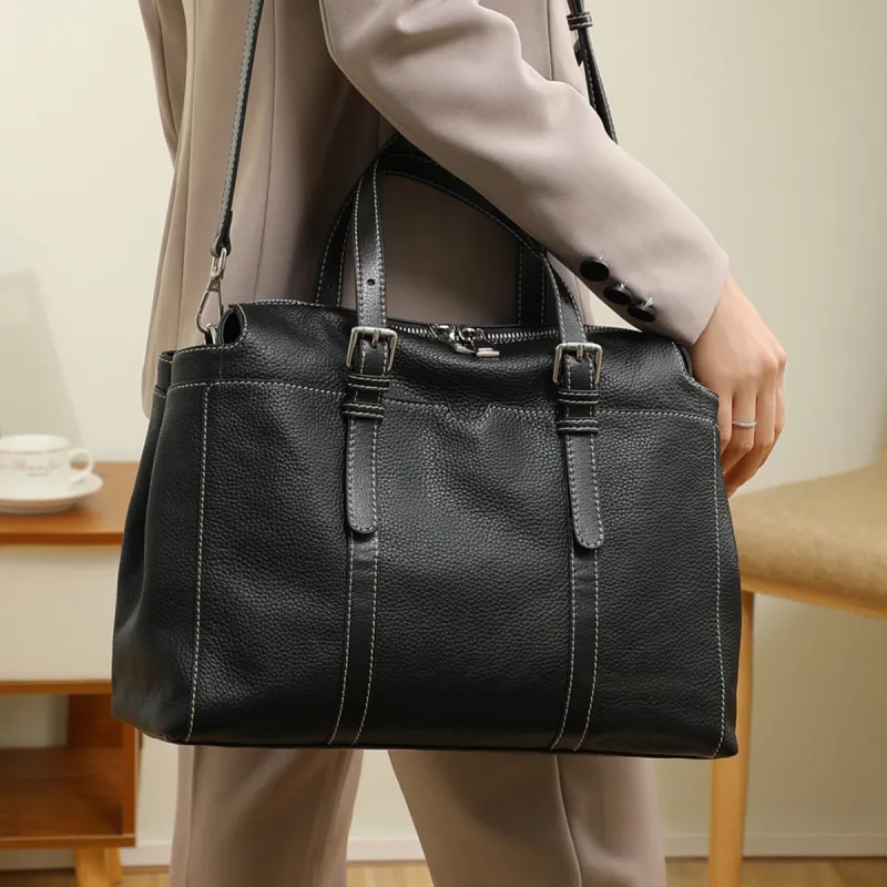 VINEY Cow Leather Tote Bag, Crossbody Bag, Handbag, Shoulder Bag Tubas Women's Black-1