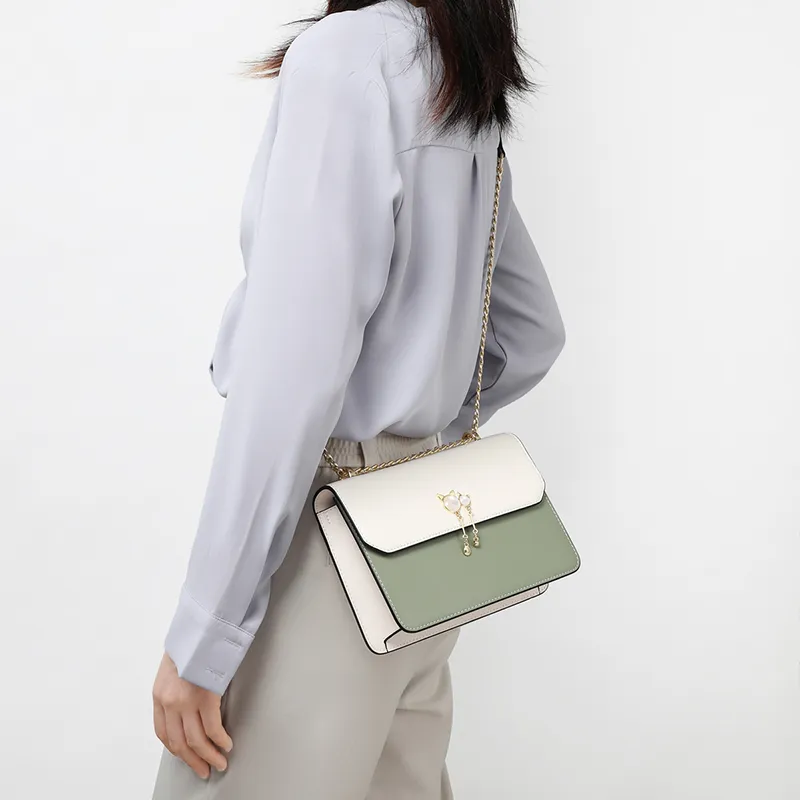 VINEY Cow Leather Small Square Bag Crossbody Bag Shoulder Bag Small Size Women's Cream Green-2