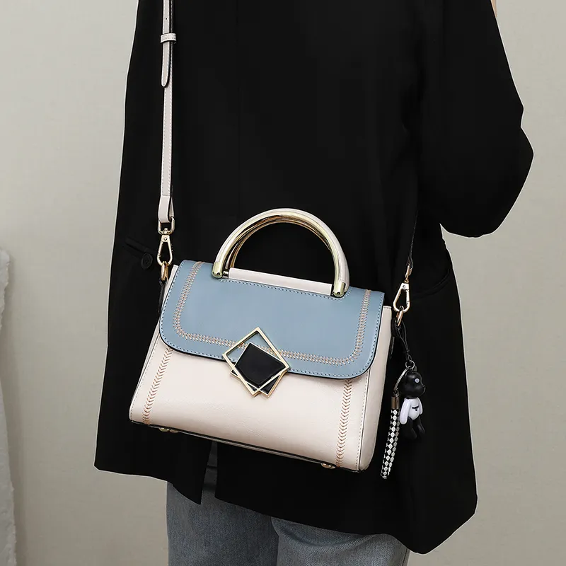 VINEY Cow Leather Handbag, Crossbody, Shoulder Bag, Mom Bag Regular Women's Blue/White-3