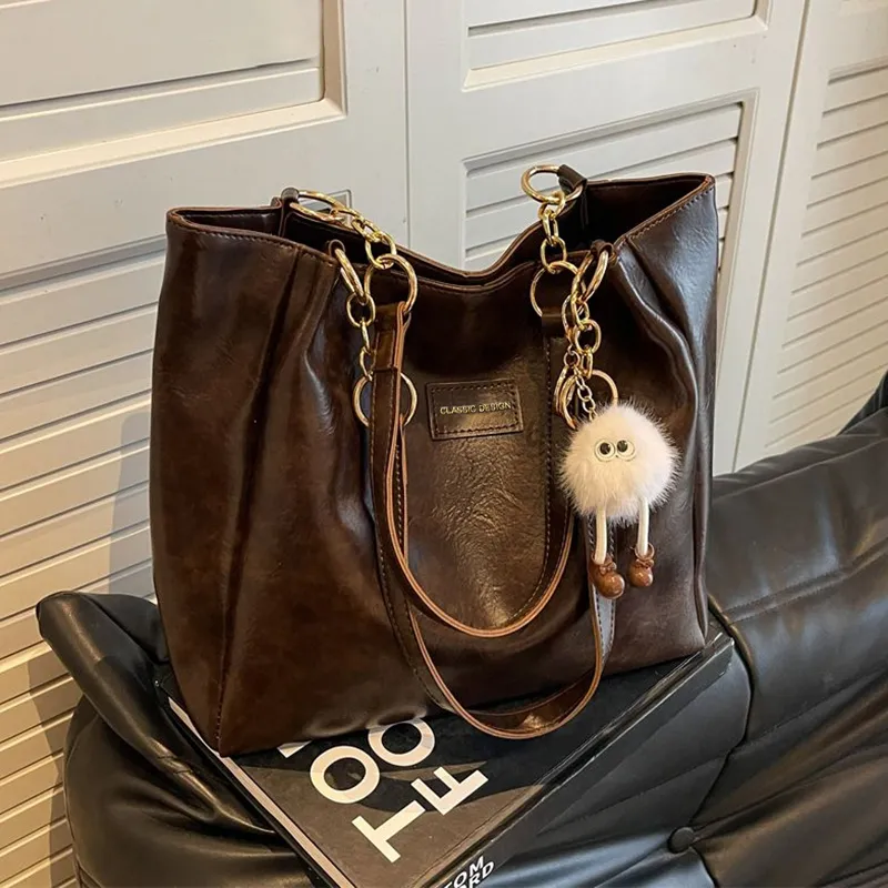 VINEY Synthetic Leather Shoulder Bag Shopping Bag Tote Bag Large Size Women's Coffee-2