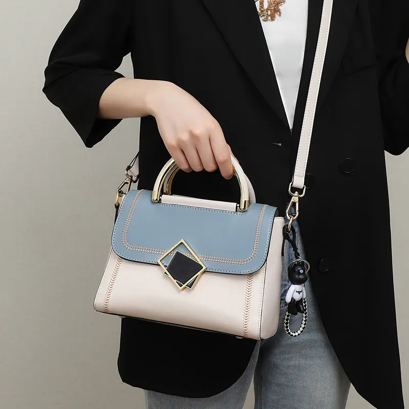 VINEY Cow Leather Handbag, Crossbody, Shoulder Bag, Mom Bag Regular Women's Blue/White-2