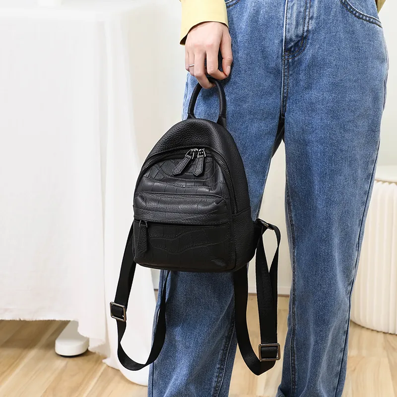 VINEY Cow Leather Patchwork Synthetic Leather Backpack Regular Women's Black-2