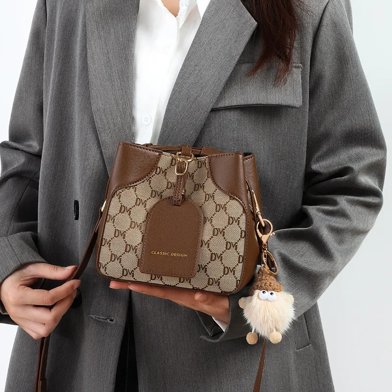 VINEY Fabric Shoulder Bag Crossbody Bag Bucket Bag Small Size Women's Coffee-4