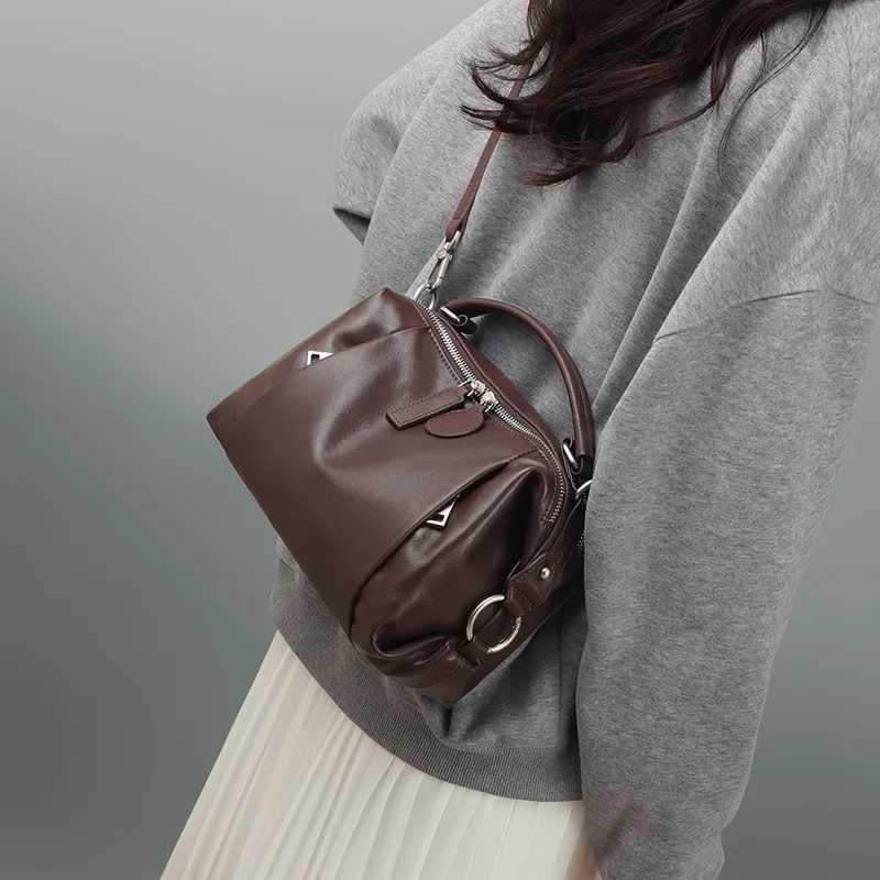 VINEY Cow Leather Handbags Shoulder Bag Crossbody Bag Medium Size Women's Ebony Brown-2