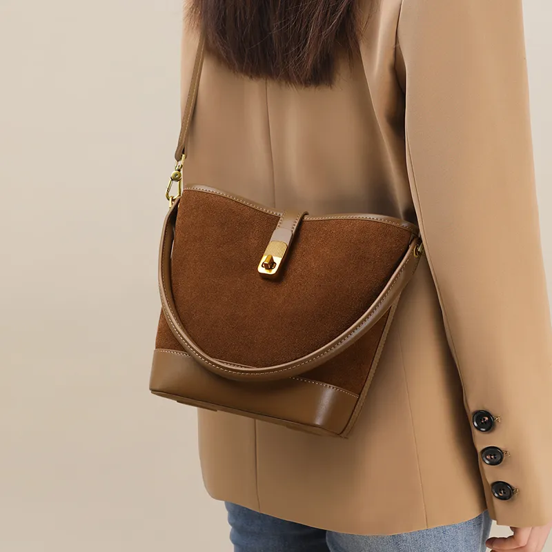 VINEY Cow Leather Patchwork Synthetic Leather Handbag Shoulder Bag Crossbody Bag Bucket Bag Regular Women's Coffee-6