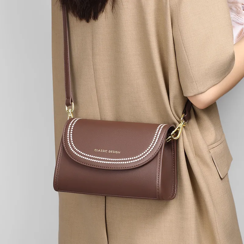 VINEY Cow Leather Patchwork Synthetic Leather Small Square Bag Shoulder Bag Small Size Women's Coffee-3