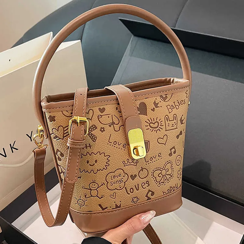 VINEY Synthetic Leather Bucket Bag Handbag Women's Brown-3