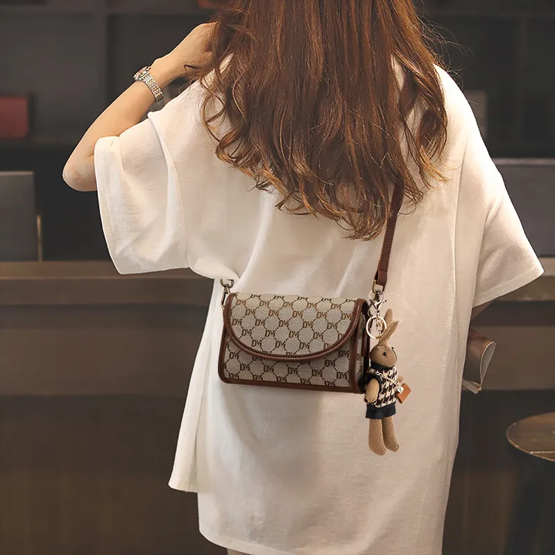VINEY Fabric Shoulder Bag Crossbody Bag Antique Floral Pattern Small Square Bag Small Size Women's Coffee-1