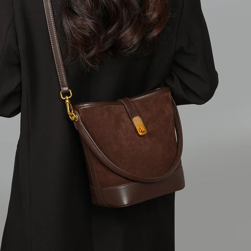 VINEY Cow Leather Patchwork Synthetic Leather Handbag Shoulder Bag Crossbody Bag Bucket Bag Regular Women's Coffee-3