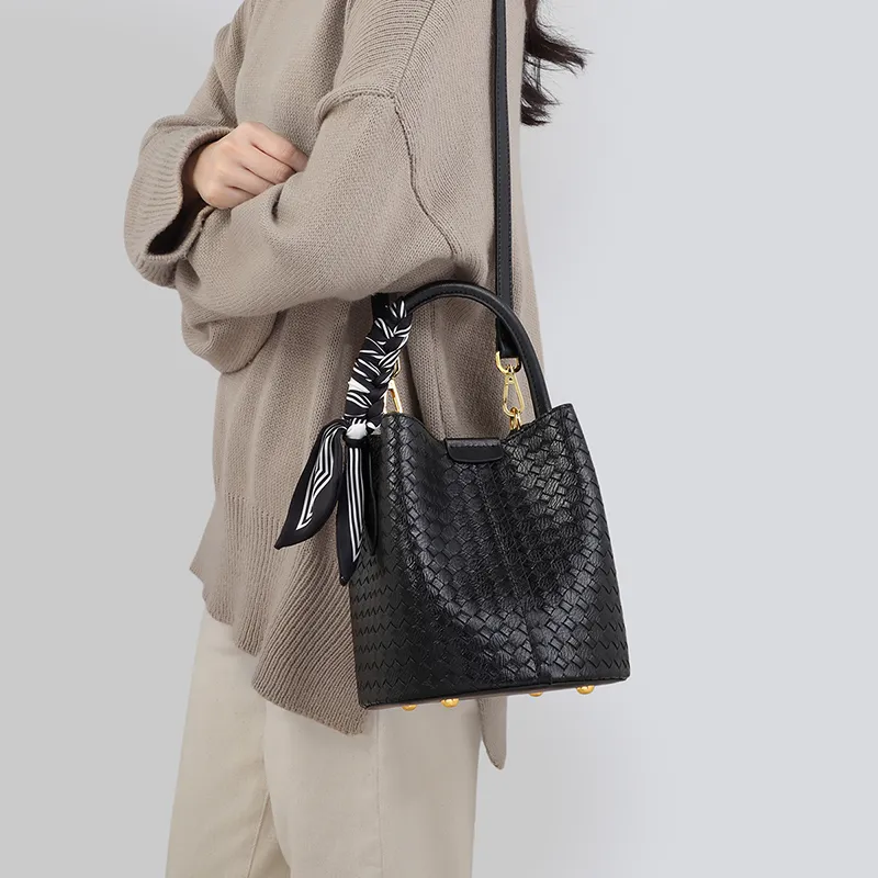 VINEY Cow Leather With Synthetic Leather Bucket Bag, One Shoulder Handbag Regular Women's Black-4