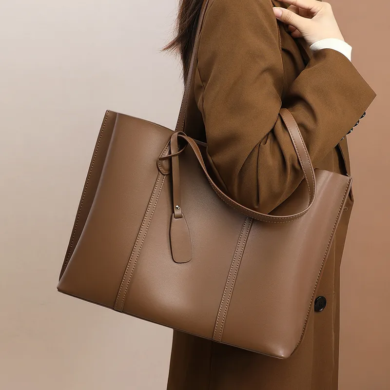 VINEY Cow Leather Shoulder Bag, Tote Bag, Shopping Bag Large Size Women's Smoke Gray-4