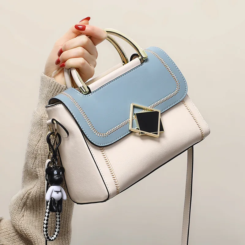 VINEY Cow Leather Handbag, Crossbody, Shoulder Bag, Mom Bag Regular Women's Blue/White-1