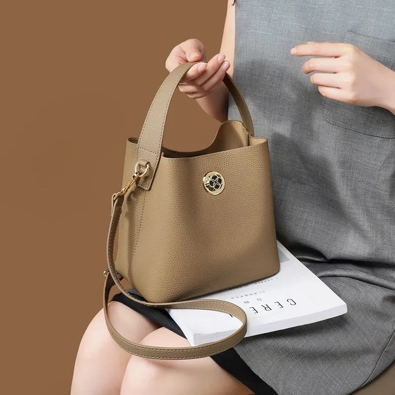 VINEY Cow Leather Handbag, Shoulder Bag, Crossbody Bag, Bucket Bag Medium Size Women's Elephant Gray-1