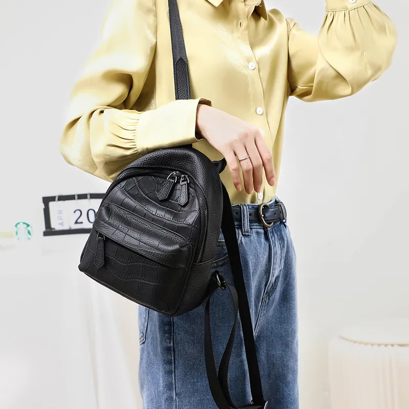 VINEY Cow Leather Patchwork Synthetic Leather Backpack Regular Women's Black-3