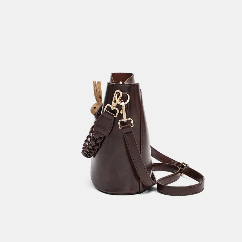 VINEY Cow Leather Shoulder Bag Crossbody Bag Bucket Bag Handbag Regular Women's Coffee/Black-4
