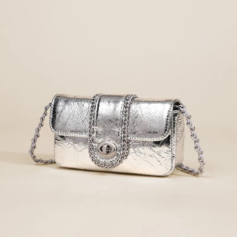 VINEY Cow Leather Shoulder Bag, Crossbody Bag, Small Square Bag Regular Women's Silver-2