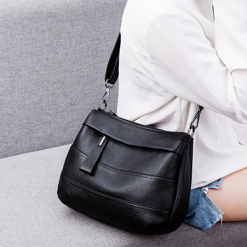 VINEY Cow Leather Shoulder Bag Crossbody Bag Mom Bag Large Size Women's Black-2