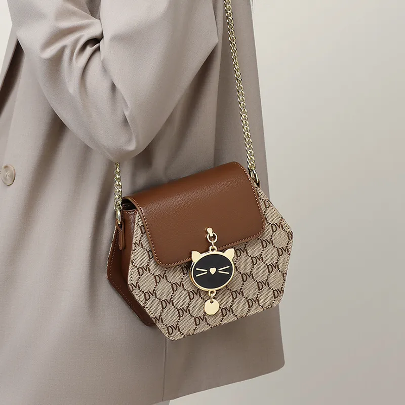 VINEY Fabric With Synthetic Leather Shoulder Bag Crossbody Bag Small Size Women's Coffee-2