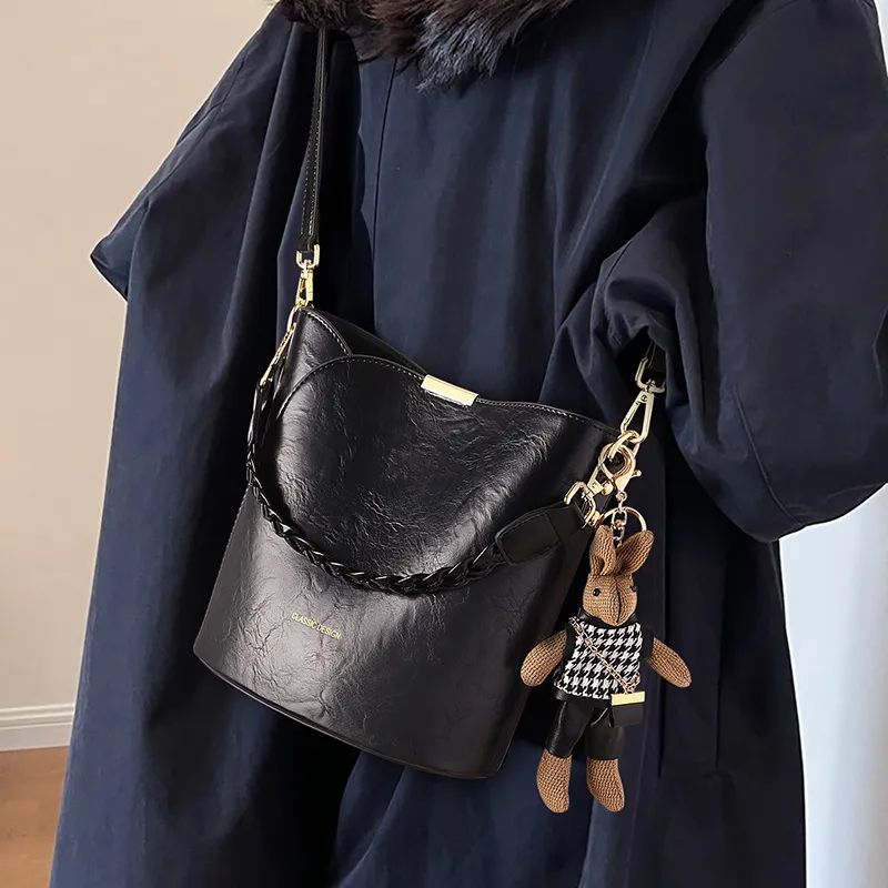 VINEY Cow Leather Shoulder Bag Crossbody Bag Bucket Bag Handbag Regular Women's Coffee/Black-6