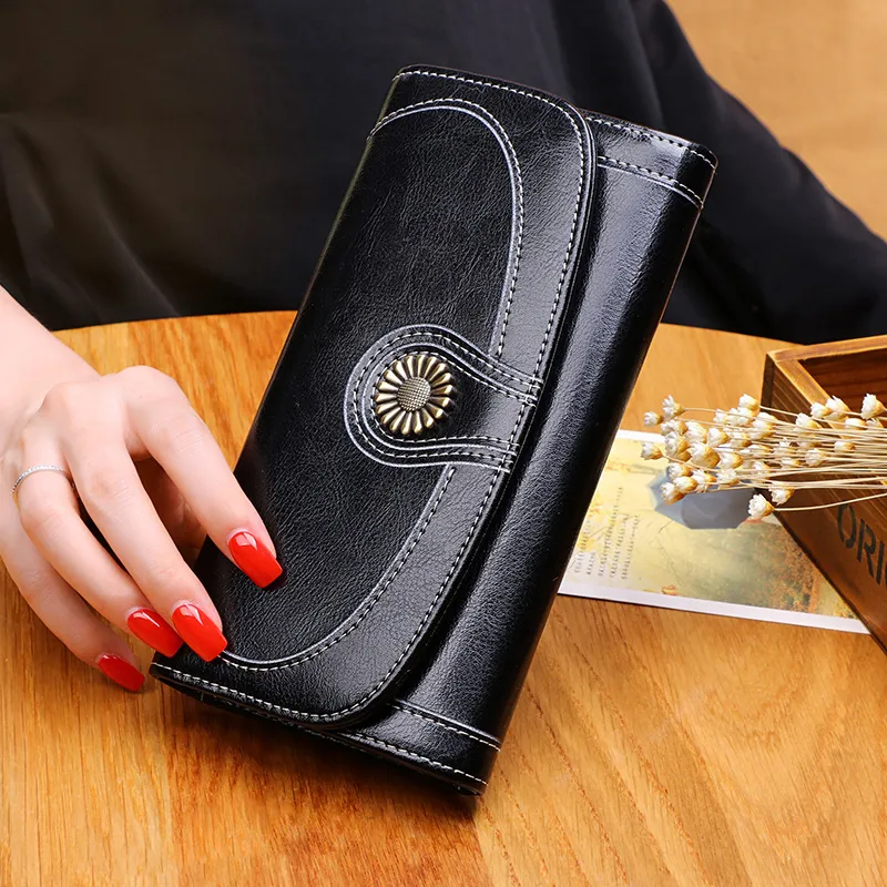 VINEY Cow Leather Wallet Money Clip Card Holder Clutch Small Size Unisex Black-4