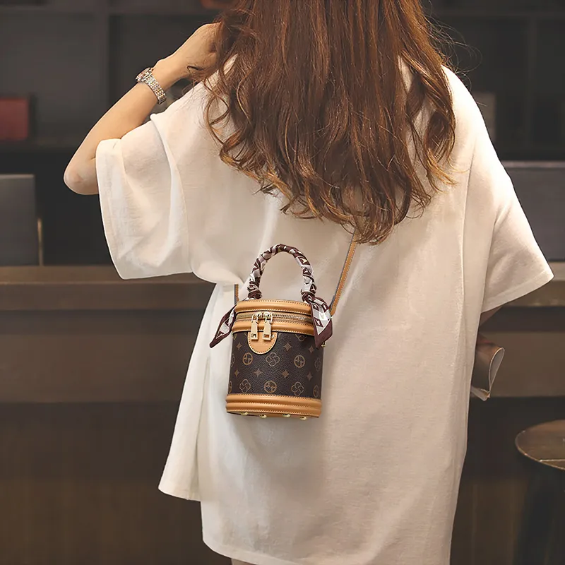VINEY Synthetic Leather Shoulder Bag, Crossbody Bag, Handbag, Cylinder Bag Trumpets Women's Khaki & Coffee-2
