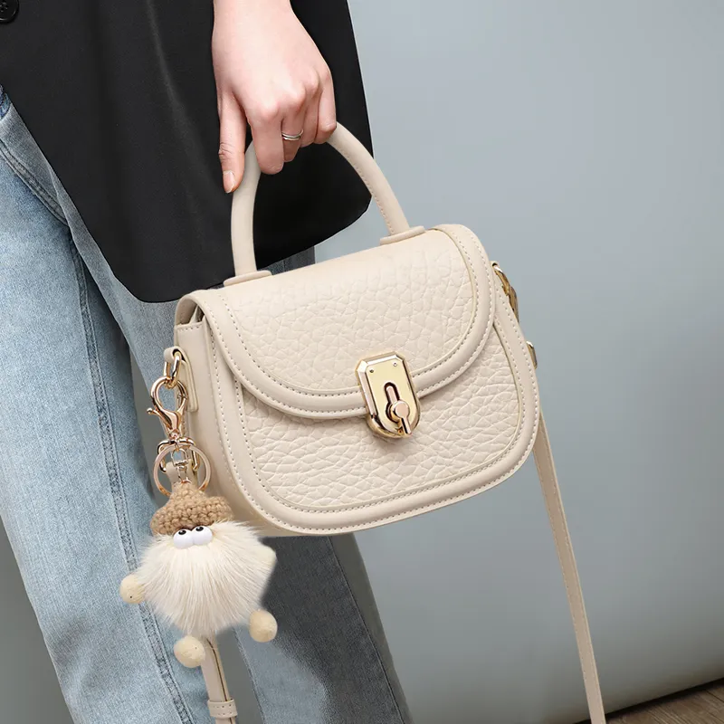 VINEY Cow Leather Shoulder Bag Crossbody Bag Saddle Bag Handbag Regular Women's Ecru/Black-1