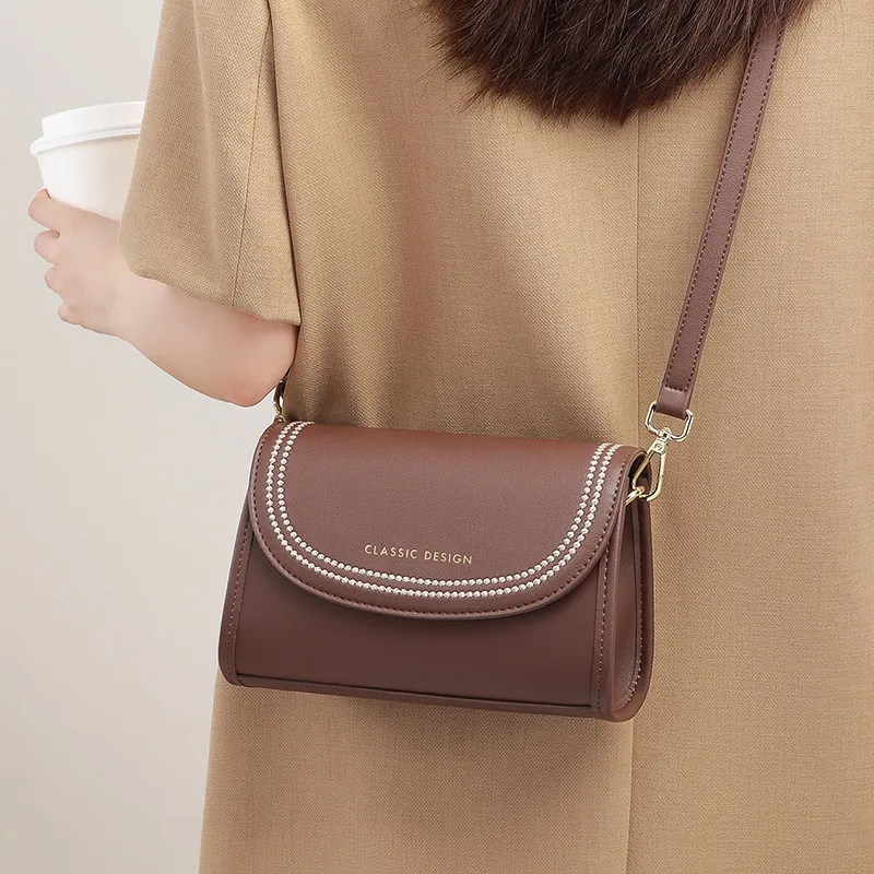 VINEY Cow Leather Patchwork Synthetic Leather Small Square Bag Shoulder Bag Small Size Women's Coffee-1