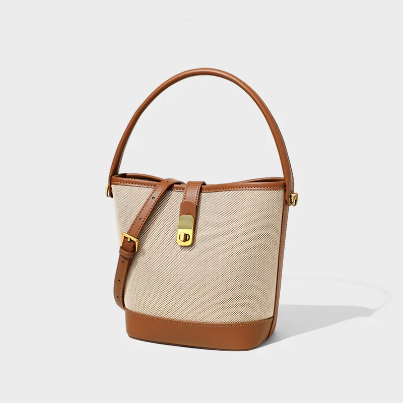 VINEY Fabric Bucket Bag Handbag Medium Size Women's Ecru & Brown-3