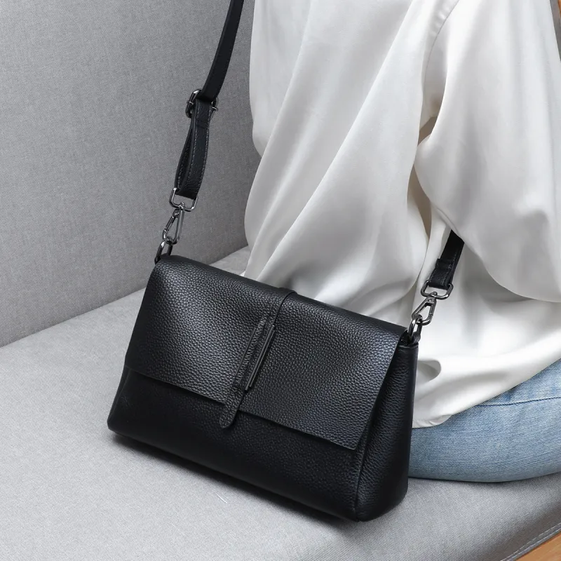 VINEY Cow Leather Shoulder Bag Crossbody Bag Mom Bag Small Size Women's Black-3