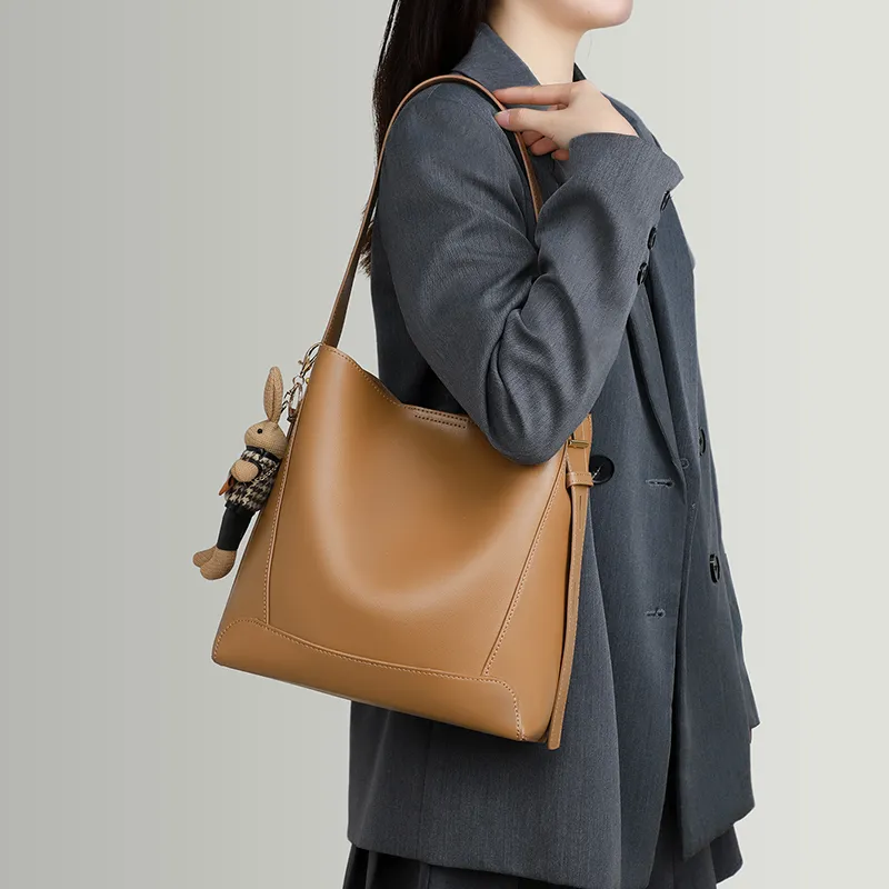 VINEY Cow Leather Patchwork Synthetic Leather Shoulder Bag Crossbody Bag Bucket Bag Large Size Women's Coffee-17
