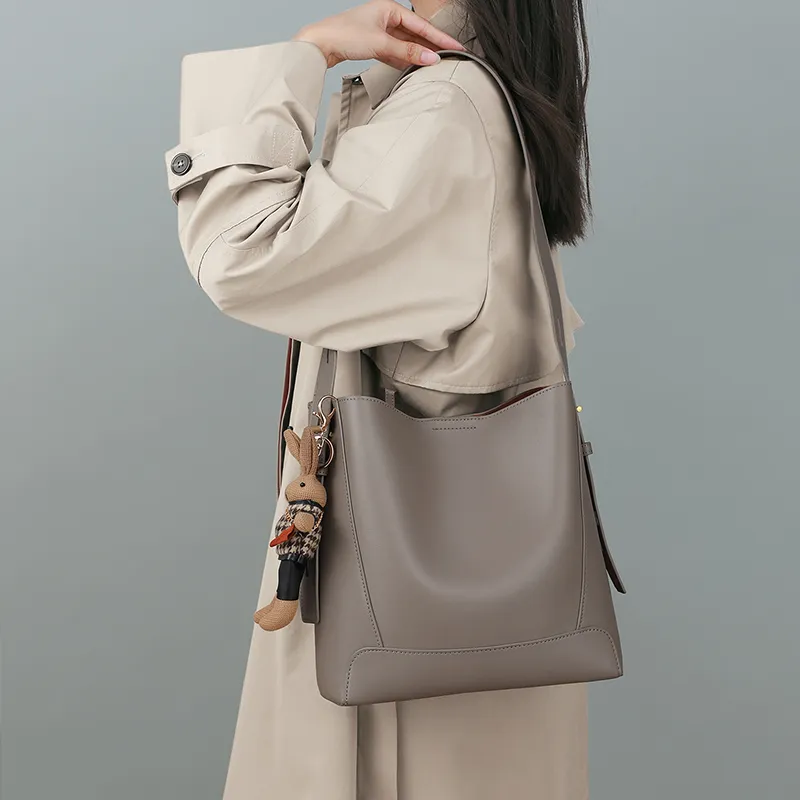 VINEY Cow Leather Patchwork Synthetic Leather Shoulder Bag Crossbody Bag Bucket Bag Large Size Women's Coffee-13