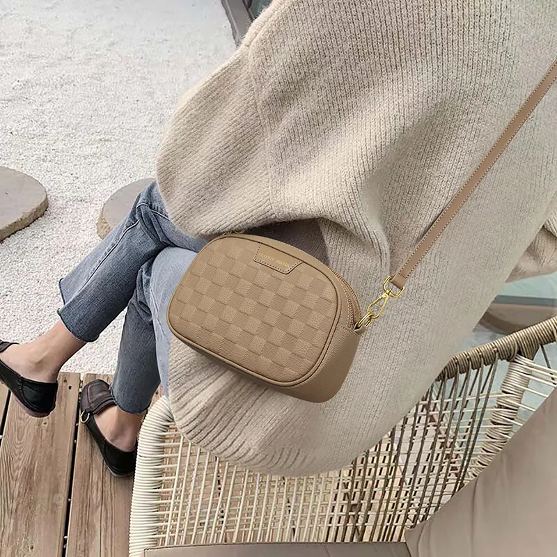 VINEY Cow Leather Shoulder Bag, Crossbody Bag, Small Square Bag Regular Women's Khaki-1