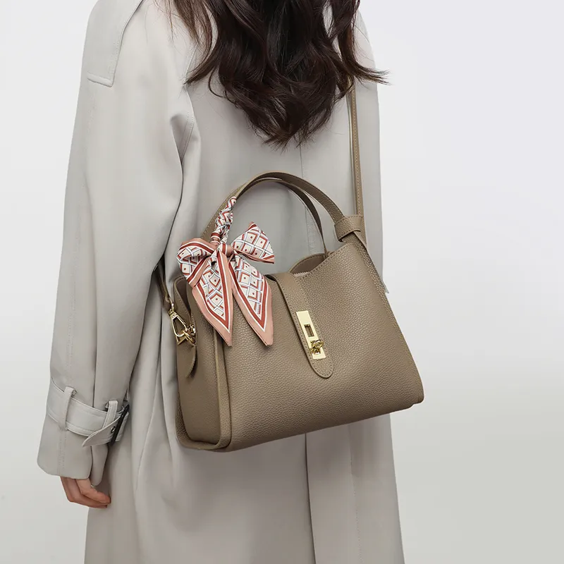 VINEY Cow Leather Handbag, One Shoulder Crossbody Tote Regular Women's Elephant Gray-2