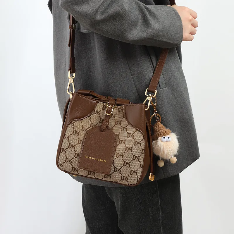VINEY Fabric Shoulder Bag Crossbody Bag Bucket Bag Small Size Women's Coffee-3